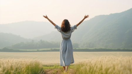 Generative AI : Happy woman with arms outstretched enjoying freedom in a wheat field  Joyful female breathing fresh air outside  Healthy life style happiness and mental health concの素材