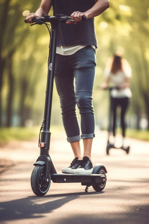 Generative AI : Portrait of couple in love kissing using electric scooter in the park  Millennial people riding new modern ecological service transportの素材