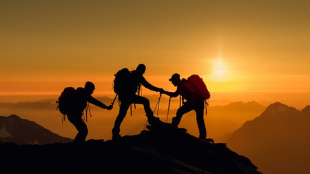 Generative AI : People helping each other hike up a mountain at sunrise  Giving helping hand and teamwork concept  Closeup on handsの素材