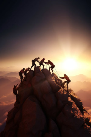 Generative AI : People helping each other hike up a mountain at sunrise  Giving helping hand and teamwork concept  Closeup on handsの素材