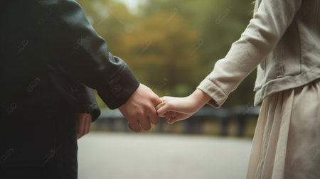 Generative AI : Love couple Closeup Young woman holding man hand while leading him on nature outdoor Concept about travel and loveの素材