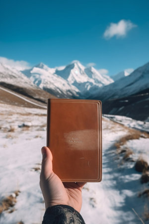 Generative AI : Hands holding page text Never stop your wanderlust with nature hill landscape on the background Travels and motivational conceptの素材