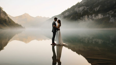 Generative AI : Romantic kiss of a couple of adults visiting an alpine lake at Braies Italy Tourist in love spending loving moments together at autumn mountains Couple wanderlust aの素材