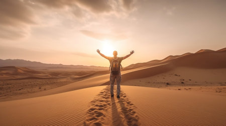 Generative AI : Hiker man walking in the desert sand dunes at sunset  Happy traveler with arms up enjoying freedom outside  Wanderlust wellbeing happiness and travel conceptの素材