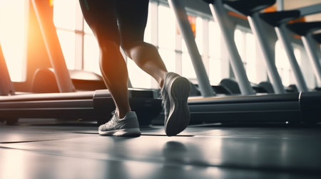 Generative AI : Person fastens his shoe before start to run on the treadmillの素材