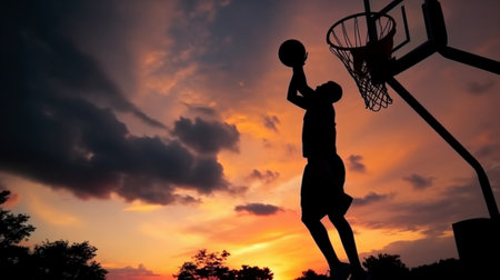 Generative AI : Street basketball player making a powerful slam dunk on the court  Athletic male training outdoor at sunset  Sport and competition conceptの素材