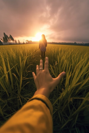 Generative AI : Pov view of a happy young woman holding hand of her boyfriend while walking by a wheat field at sunset Couple enjoying travel in the natureの素材