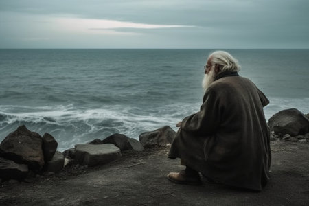Generative AI : Sad old man sitting by the sea Concept about people sadness and lonelinessの素材