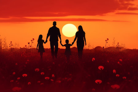 Generative AI : Silhouette of happy family walking in the meadow at sunset   Mother father and child son having fun outdoors enjoying time together  Family love mental health and hの素材