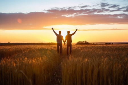 Generative AI : Silhouette of a couple in love jumping with raised arms on a wheat field at sunsetの素材