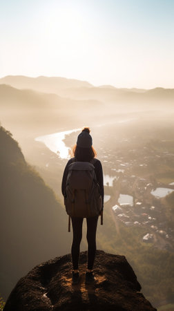 Generative AI : Successful hiker with backpack climbing the mountain on sunset  Traveler woman standing on the top of the rock pointing the landscape  Freedom success and extreme sの素材