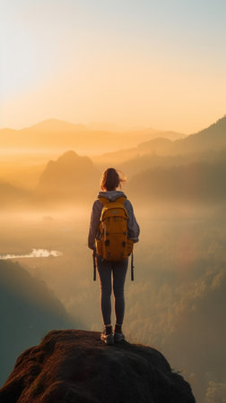 Generative AI : Successful hiker with backpack climbing the mountain on sunset  Traveler woman standing on the top of the rock pointing the landscape  Freedom success and extreme sの素材