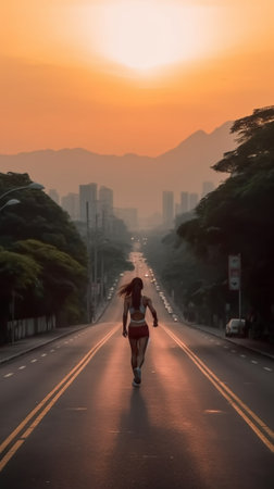 Generative AI : Young woman runner running on the road at morningの素材