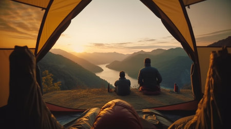 Generative AI : POV view of hipster tourist inside tent in front of mountains landscape   Adventure hiking and wanderlust conceptの素材