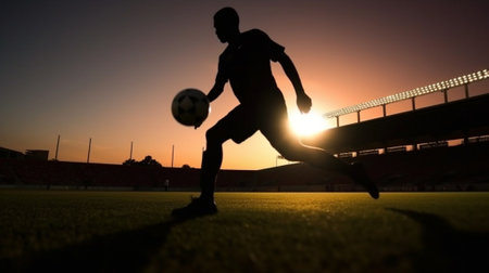 Generative AI : Silhouette of a  soccer player on a football field at sunset Sporty man is dribbling with the ball outdoorの素材