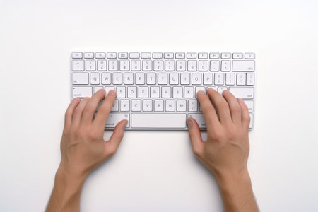 Generative AI : Man working at home office hand on keyboar View from aboveの素材