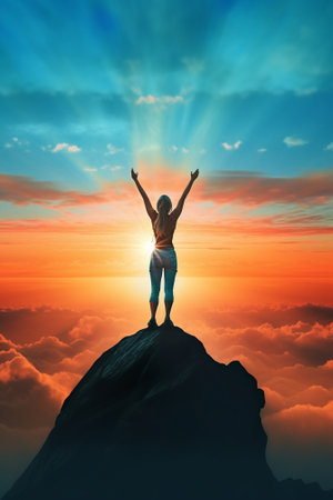 Generative AI : Successful hiker with backpack climbing the mountain on sunset  Traveler woman standing on the top of the rock pointing the landscape  Freedom success and extreme sの素材