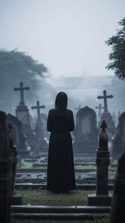 Generative AI : Sad woman in the cemetery praying on tombstone  Female grieving for a lost love  Religion and stop war conceptの素材