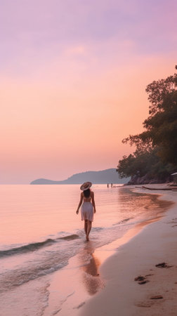 Generative AI : Woman walking on the beach enjoying sunset  Inspirational concept about success travel and healthの素材