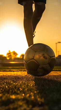 Generative AI : Silhouette of a  soccer player on a football field at sunset Sporty man is dribbling with the ball outdoorの素材
