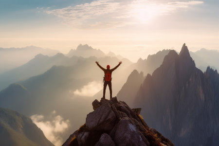 Generative AI : Success hiker hiking on sunrise mountain peak pointing to the sky Young man with backpack rise to the mountain top Discovery Travel Destination Conceptの素材