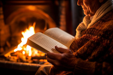 Generative AI : Reading the book and warming himself by the fire  Concept about fireplace education and winterの素材