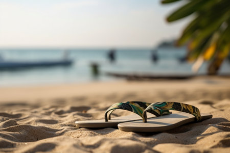 Generative AI : Slippers on the sand of the sea Concept about vacation and summertimeの素材