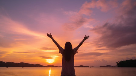 Generative AI : Strong confidence woman with backpack with arms up relaxing on sunset at seaside  Happy traveler enjoying freedom in serene nature landscape  Trip adventure healthyの素材