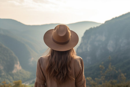 Generative AI : Traveller woman holding hat sitting looking at the nature landscape of the mountains feeling freeの素材
