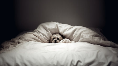 Generative AI : Playing hide and seek Beatiful blonde woman hiding her face under the duvet on her white bedの素材