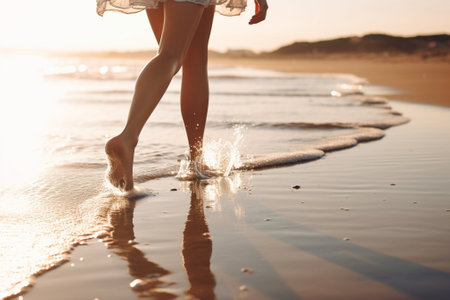 Generative AI : Runner woman walking at the beachClose up on the feet concept about training and fitnessの素材