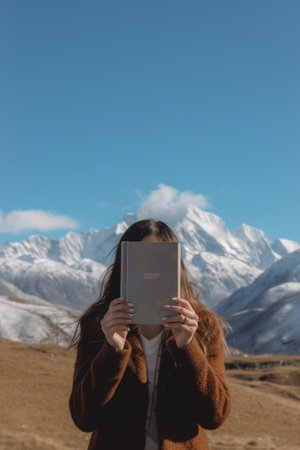 Generative AI : Woman holding message about travelling and wanderlustの素材