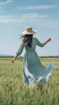 Generative AI : Woman in dress walking through the wheat field on a lake Young girl enjoying life and freedom in the nature at holidaysの素材