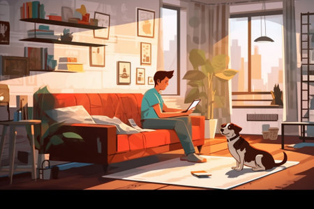 Generative AI : Worried couple with dog reading an important notification in a letter sitting in the living room at homeの素材