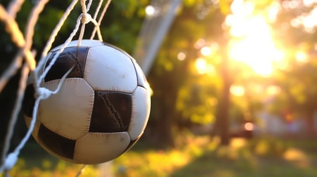 Generative AI : Soccer ball in goal outdoor on a sunset background  Lifestyle scene concept about sportの素材