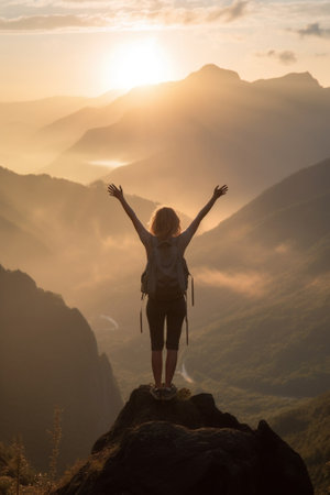 Generative AI : young hiker raises her arms to the sky in front of the mountain  people nature and lifestyle conceptの素材