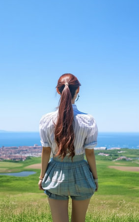Generative AI : Traveller woman from the back standing on the top looking the inspirational landscapeの素材