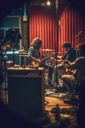 Generative AI : Young band music playing a song in a recording studioの素材