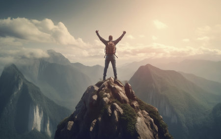 Generative AI : Young man with backpack standing on the top of a mountain at sunset  Goals and achievementsの素材