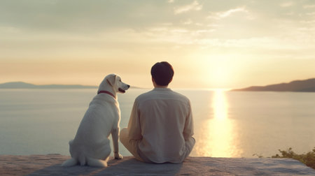Generative AI : loving couple playing with their dog at sea  caucasian people  people animal and lifestle conceptの素材