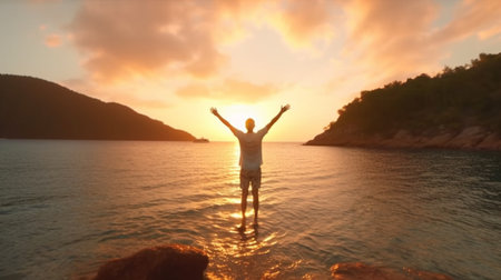 Generative AI : Young man arms outstretched by the sea at sunrise enjoying freedom and life people travel wellbeing conceptの素材