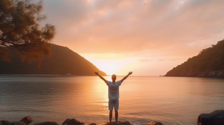 Generative AI : Young man arms outstretched by the sea at sunrise enjoying freedom and life people travel wellbeing conceptの素材