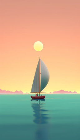Generative AI : a boat sailing on the sea with the sunset as background  nature transportation and lifestyle conceptの素材