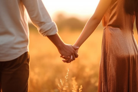 Generative AI : Young woman holding boyfriends hand walking in the field on sunset  Traveling together Follow meの素材