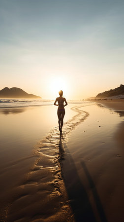 Generative AI : Woman walking on the beach enjoying sunset  Inspirational concept about success travel and healthの素材