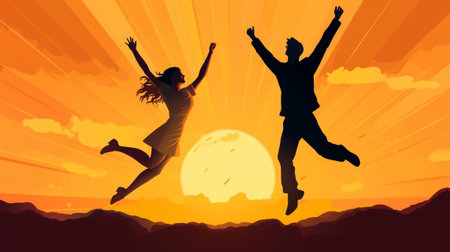 Generative AI : Silhouette of a couple in love jumping with raised arms on a wheat field at sunsetの素材