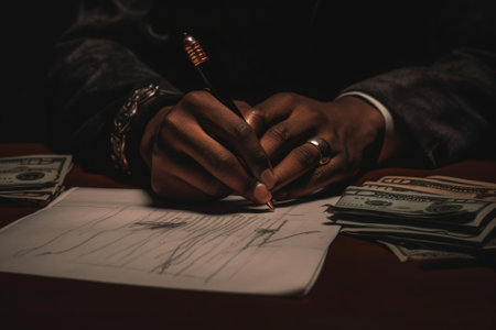 Generative AI : Young black businessman is is signing a contractの素材