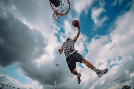 Generative AI : Street basketball player making a powerful slam dunk on the court  Athletic male training outdoor on a cloudy sky background  Sport and competition concept