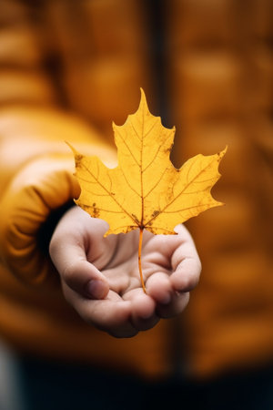 Generative AI : Close up of a autumn leaf held by a girl Concept about autumnの素材
