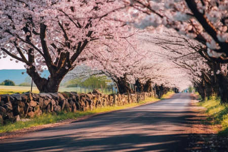 Generative AI : Beautiful Cherry blossom tree pink sakura flower on Country roadの素材